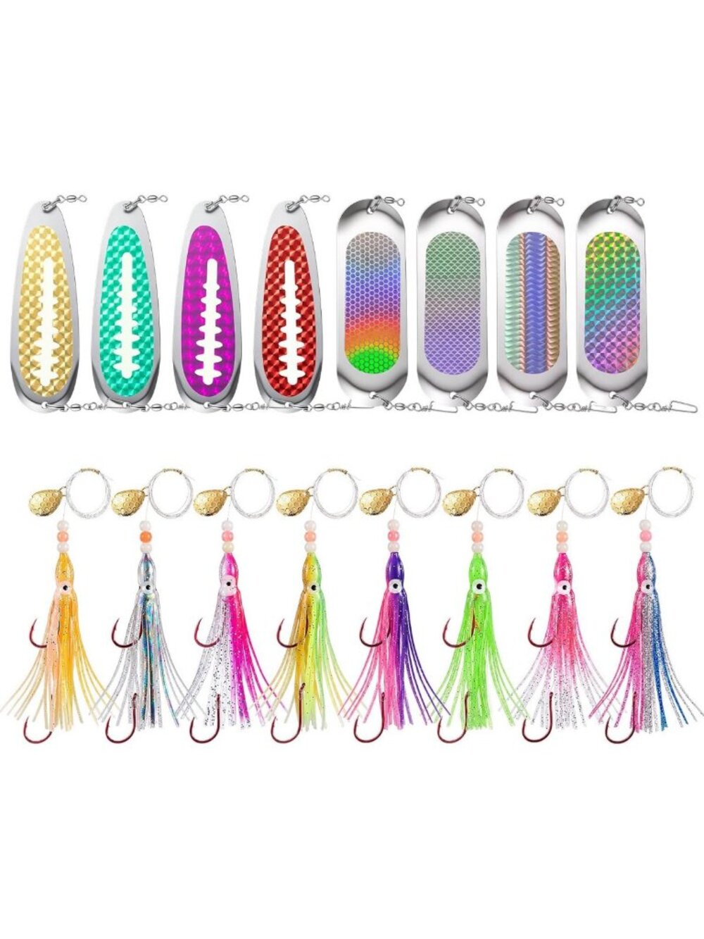 8-Piece Squid Fishing Hoochies & Flashers Set | Glow Tackle for Salmon & Kokanee